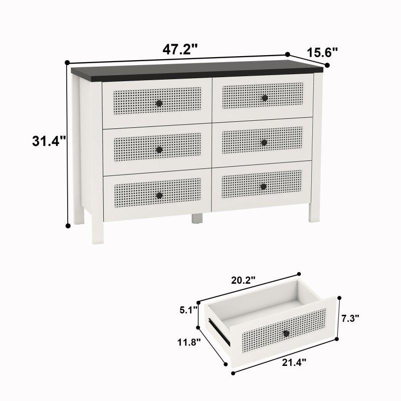 Beyaz Hasır Dokulu Metal Kulplu 6 Çekmeceli Modern Şifonyer - 120 cm - 310484