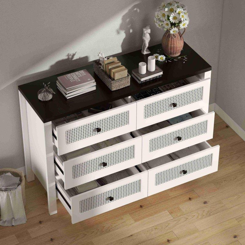 Beyaz Hasır Dokulu Metal Kulplu 6 Çekmeceli Modern Şifonyer - 120 cm - 310484