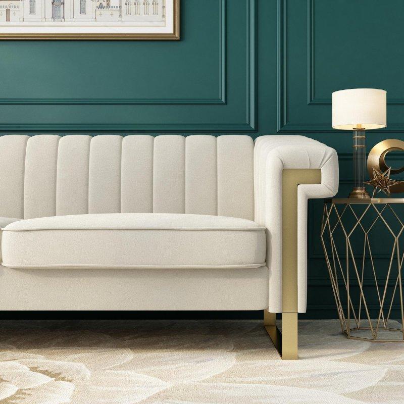 Beyaz Kadife Gold Detaylı Metal İskeletli Kanal Kapitoneli 3 Kişilik Bohem Koltuk - 214 cm - 291385