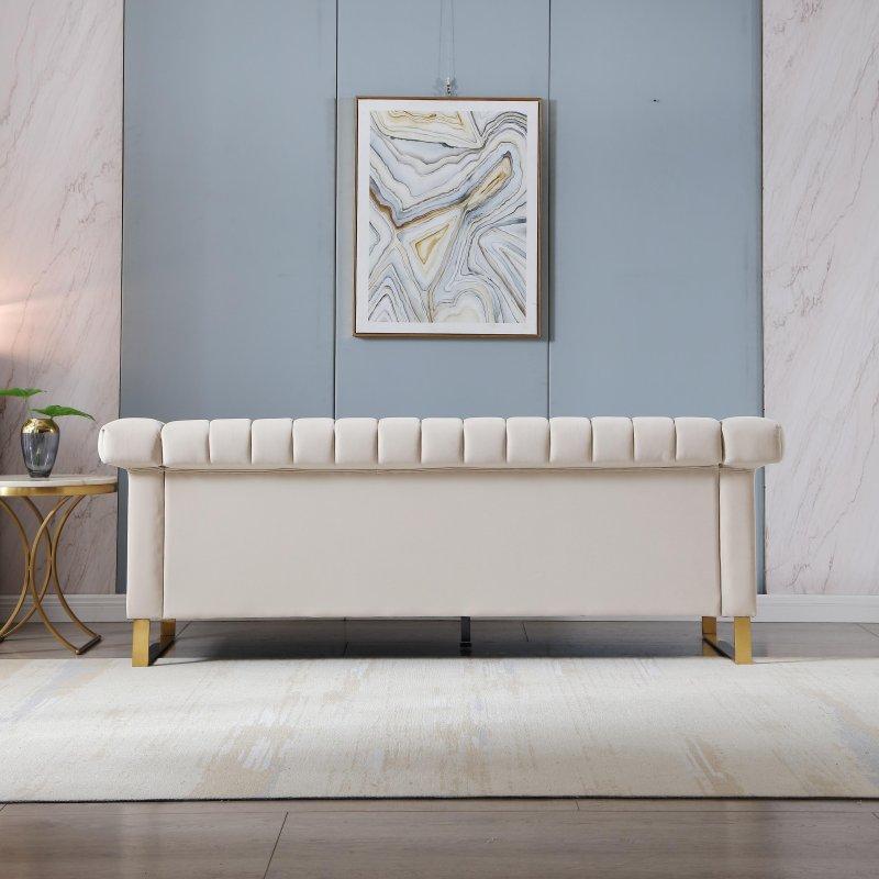 Beyaz Kadife Gold Detaylı Metal İskeletli Kanal Kapitoneli 3 Kişilik Bohem Koltuk - 214 cm - 291385