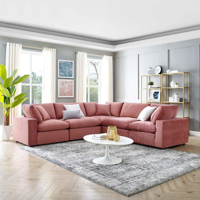 Beyaz Kadife Masif Ahşap Kuş Tüyü Dolgulu 5 Parçalı Modüler Köşe Koltuk - 303x303 cm - 256252