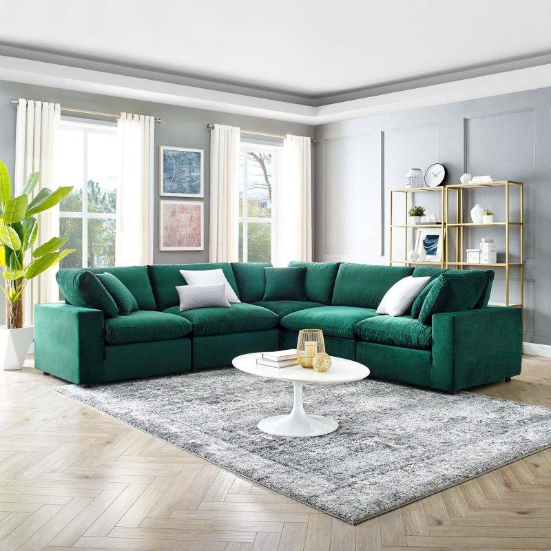 Beyaz Kadife Masif Ahşap Kuş Tüyü Dolgulu 5 Parçalı Modüler Köşe Koltuk - 303x303 cm - 256252
