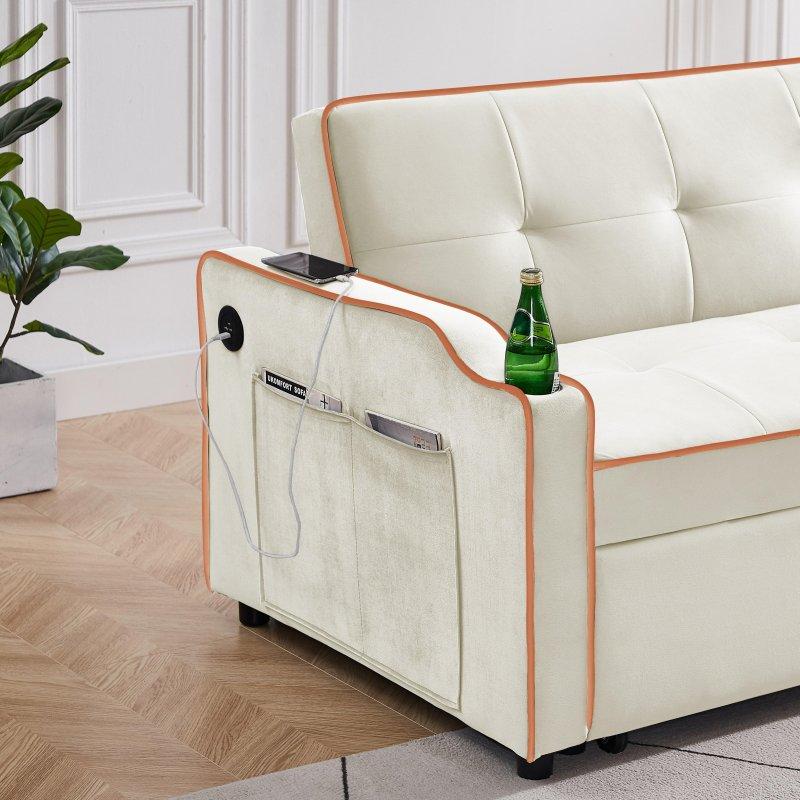 Beyaz Kadife USB Portlu ve Bardaklıklı Yataklı Bohem Koltuk - 141 cm - 290779