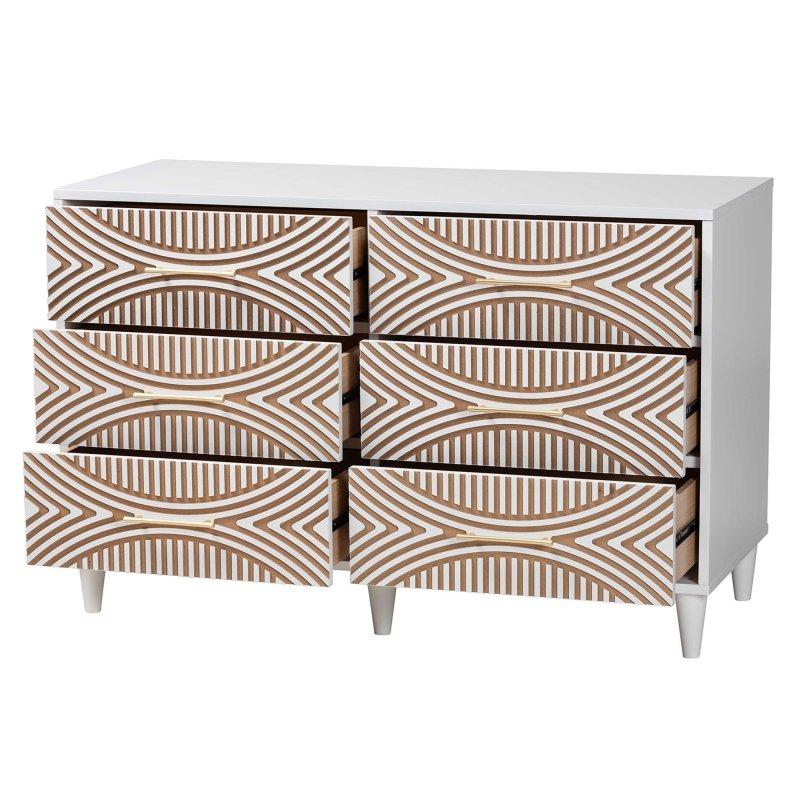 Beyaz Kauçuk Ağacı Geometrik Oymalı 6 Çekmeceli Şifonyer - 120 cm - 303450