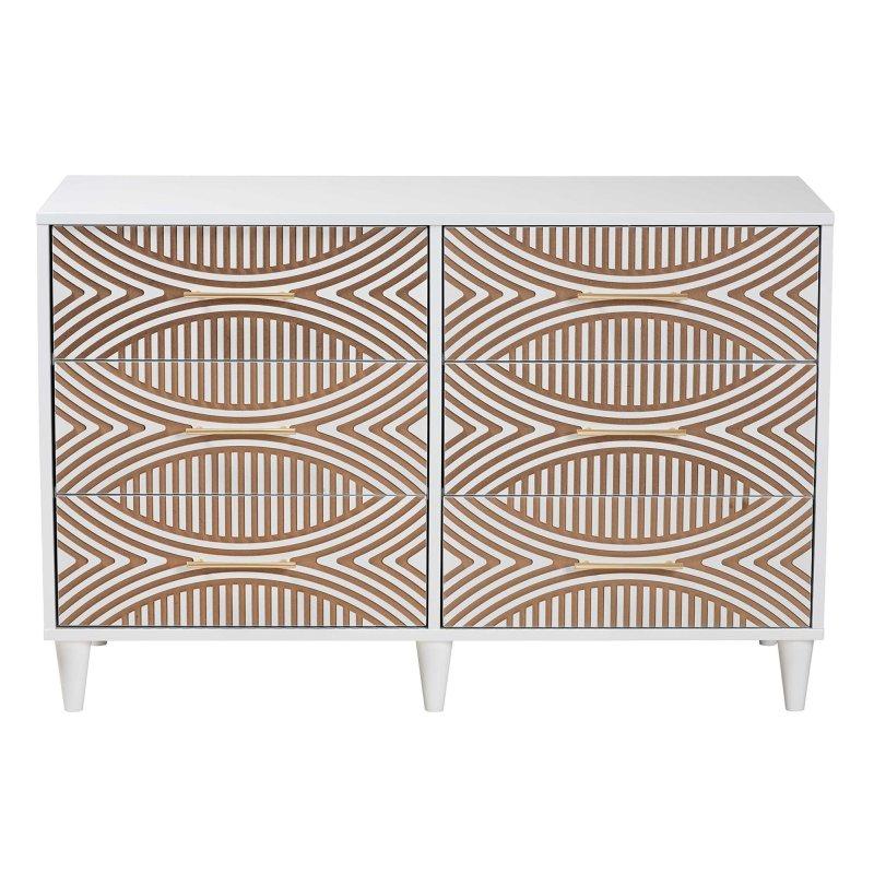 Beyaz Kauçuk Ağacı Geometrik Oymalı 6 Çekmeceli Şifonyer - 120 cm - 303450