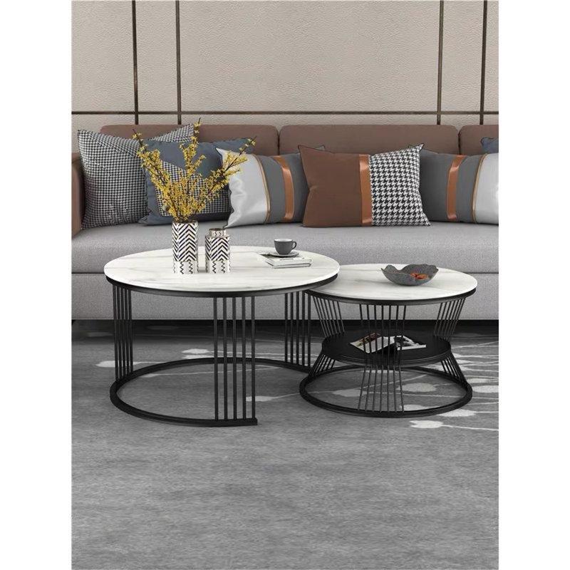 Beyaz Kaya Levhası ve Demir Raflı Oval 2li Zigon Orta Sehpa Seti - 80 cm - 244450