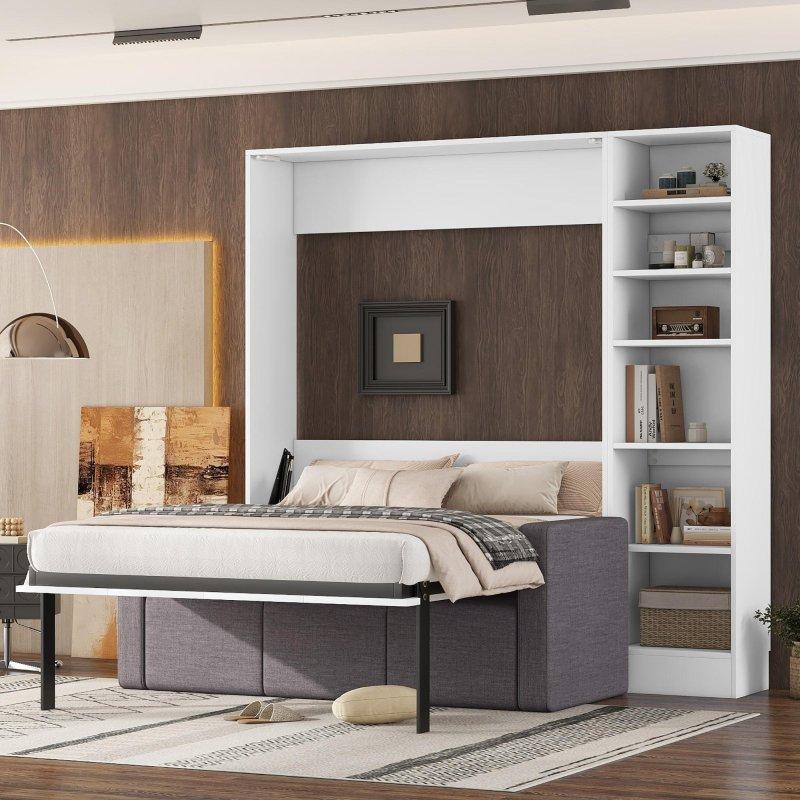 Beyaz Kontrplak ve MDF 6 Raflı Koltuklu Dolaplı Duvar Yatağı - 266814