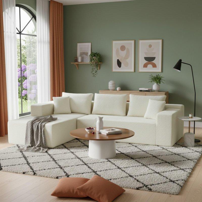 Beyaz Kuzu Yünü Kumaş Modüler Yastıklı Köşe Koltuk - 263x173 cm - 257877
