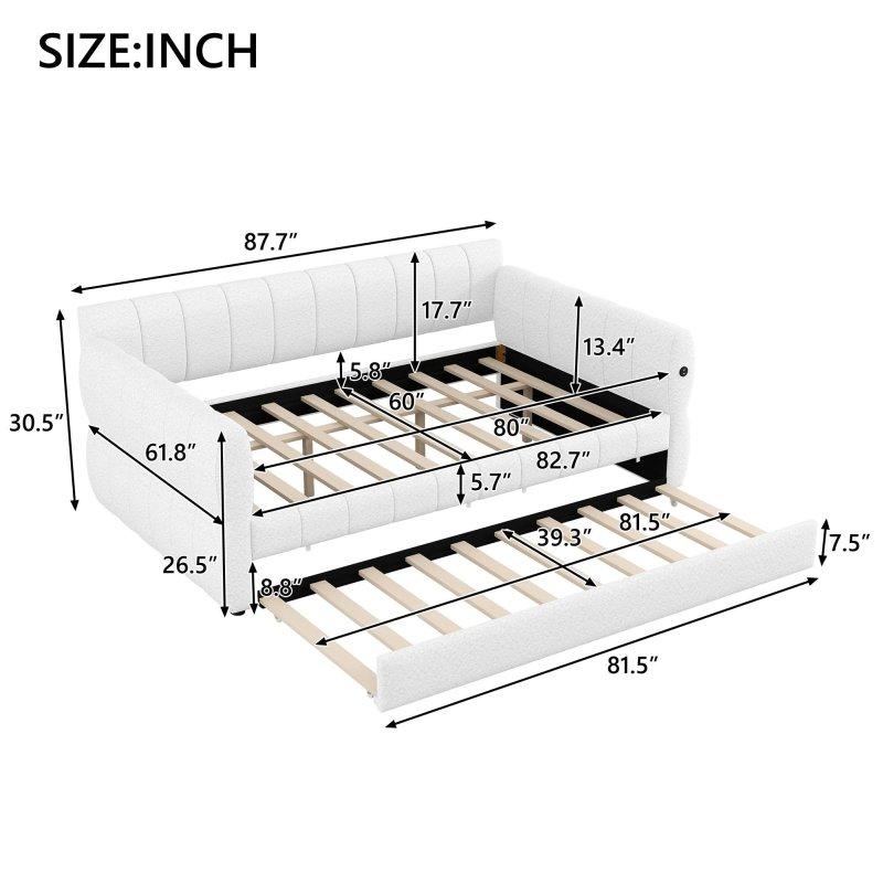 Beyaz Kuzu Yünü Kumaş ve Ahşap USB Şarj Portlu Daybed Karyola - Queen Size - 329992