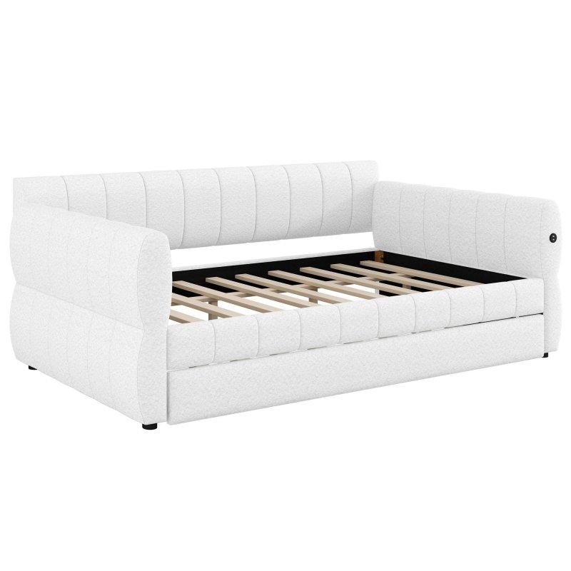 Beyaz Kuzu Yünü Kumaş ve Ahşap USB Şarj Portlu Daybed Karyola - Queen Size - 329992