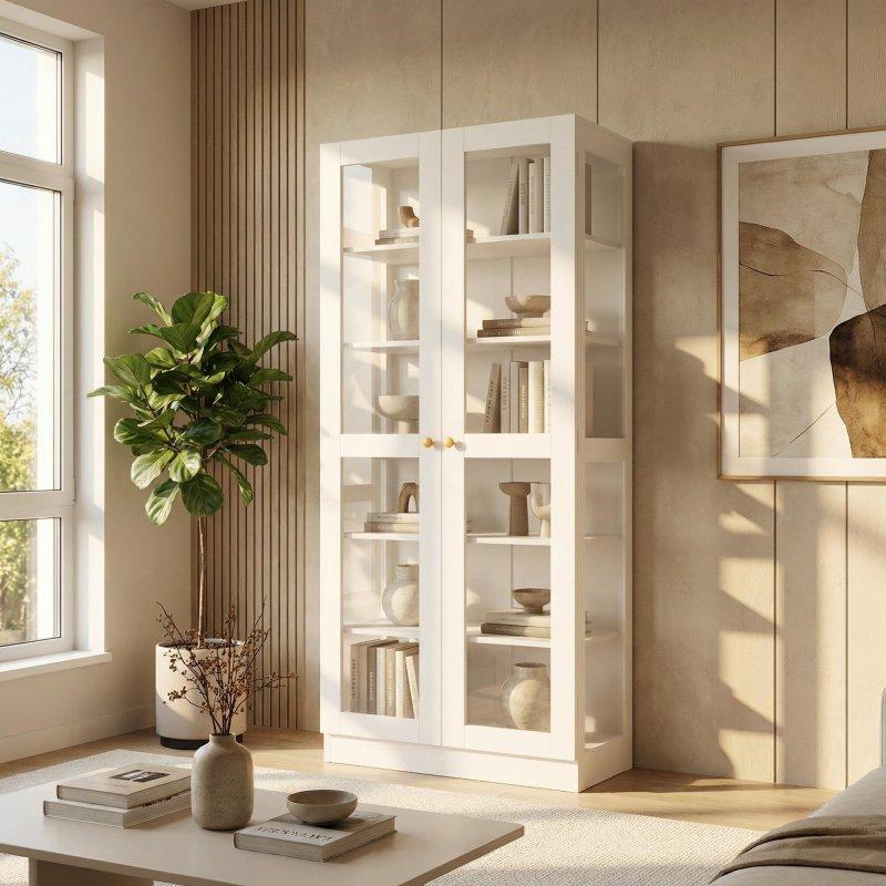 Beyaz Lake MDF 2 Kapaklı 6 Raflı Cam Kitaplık - 181x241 cm - 239090