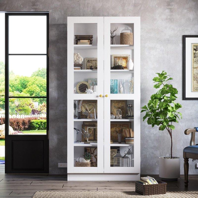 Beyaz Lake MDF 2 Kapaklı 6 Raflı Cam Kitaplık - 181x241 cm - 239090