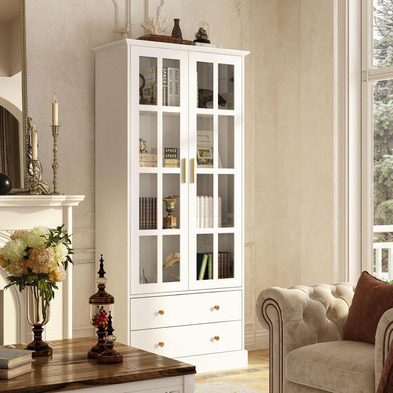 Beyaz Lake MDF 4 Raflı 2 Çekmeceli Temperli Cam Kapaklı Kitaplık - 179x81 cm - 239422