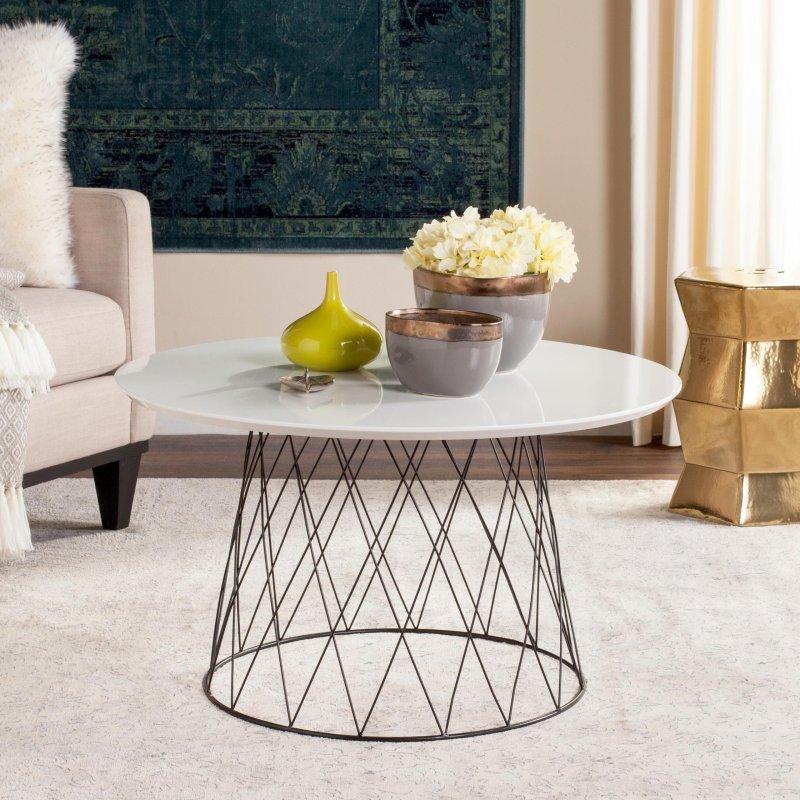 Beyaz Lake MDF Tablalı Siyah Metal Ayaklı Yüzyıl Ortası Tasarım Yuvarlak Orta Sehpa - 81x46 cm - 240958
