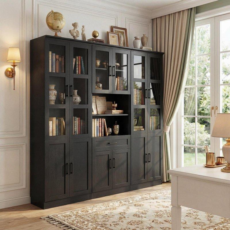 Beyaz Lamine Ahşap Çekmeceli ve Ayarlanabilir Raflı 3lü Set Cam Kapaklı Kitaplık - 180x203 cm - 239463
