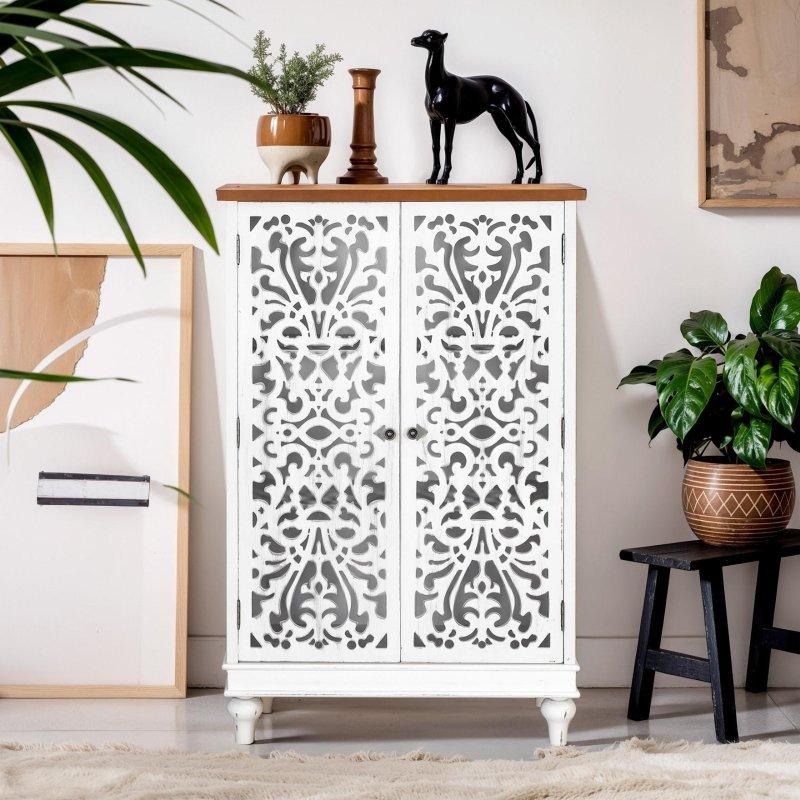 Beyaz Masif Ahşap 2 Kapaklı Oymalı Ayarlanabilir Raflı Bohem Konsol - 81x36x120 cm - 325500