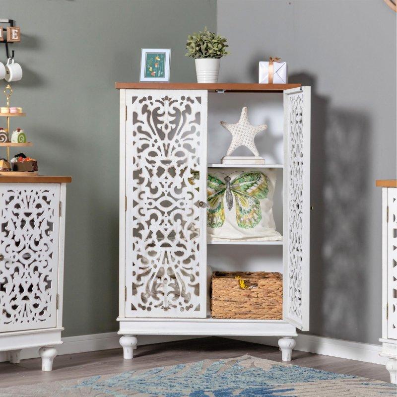 Beyaz Masif Ahşap 2 Kapaklı Oymalı Ayarlanabilir Raflı Bohem Konsol - 81x36x120 cm - 325500