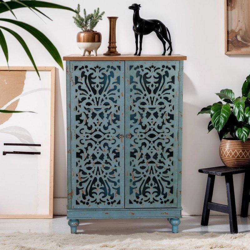 Beyaz Masif Ahşap 2 Kapaklı Oymalı Ayarlanabilir Raflı Bohem Konsol - 81x36x120 cm - 325500 Beyaz Masif Ahşap 2 Kapaklı Oymalı Ayarlanabilir Raflı Bohem Konsol - 81x36x120 cm - 325500