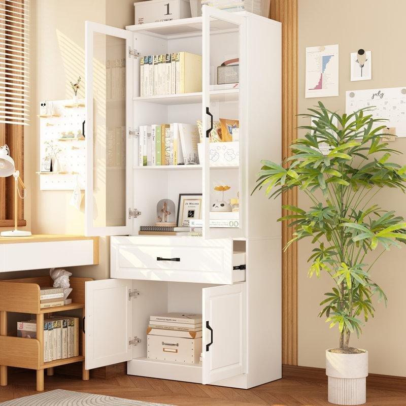 Beyaz Masif Ahşap 4 Kapaklı 1 Çekmeceli Cam Kapaklı Kitaplık - 200x81x40 cm - 238742