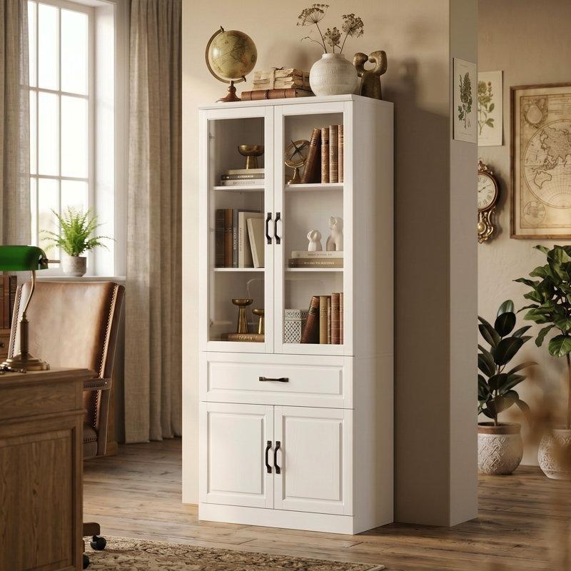 Beyaz Masif Ahşap 4 Kapaklı 1 Çekmeceli Cam Kapaklı Kitaplık - 200x81x40 cm - 238742
