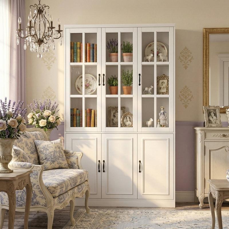 Beyaz Masif Ahşap 6 Kapaklı Ayarlanabilir Raflı Cam Kapaklı Kitaplık - 200x120x40 cm - 238873