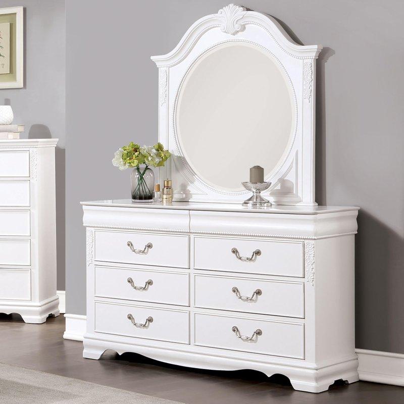 Beyaz Masif Ahşap Aynalı 6 Çekmeceli Oymalı Şifonyer - 138 cm - 300971