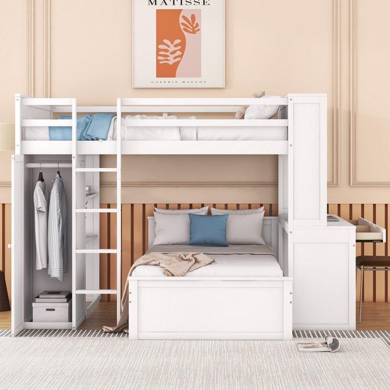 Beyaz Masif Ahşap Çalışma Masalı Gardıroplu ve Kitaplıklı L Ranza - 246280