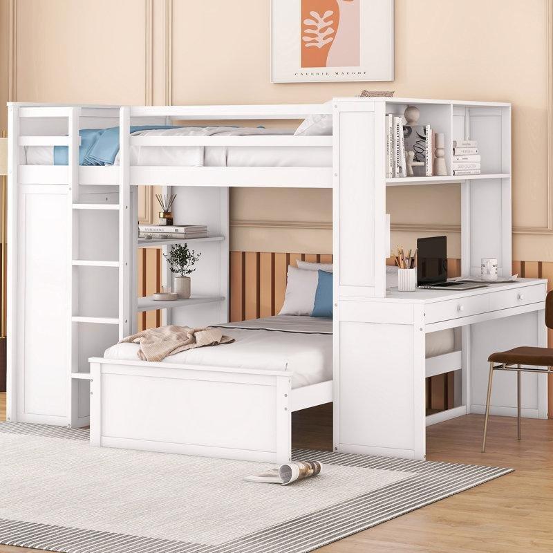 Beyaz Masif Ahşap Çalışma Masalı Gardıroplu ve Kitaplıklı L Ranza - 246280