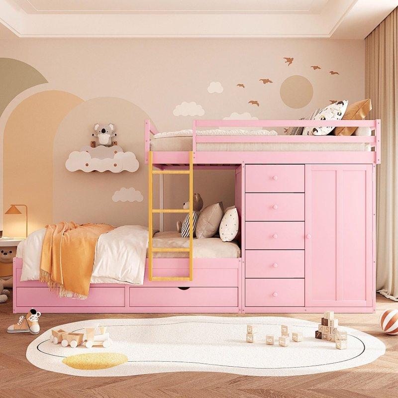 Beyaz Masif Ahşap Çekmeceli ve Gardıroplu Ranza - 250862
