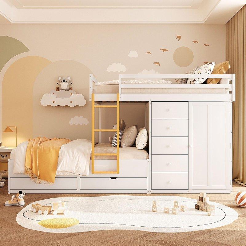 Beyaz Masif Ahşap Çekmeceli ve Gardıroplu Ranza - 250862