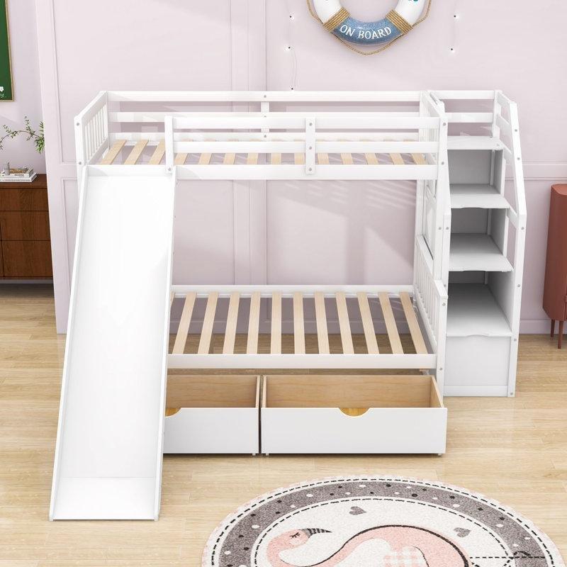 Beyaz Masif Ahşap Çekmeceli ve Kaydıraklı Ranza - 247660