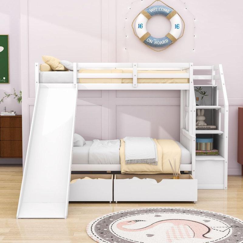 Beyaz Masif Ahşap Çekmeceli ve Kaydıraklı Ranza - 247660