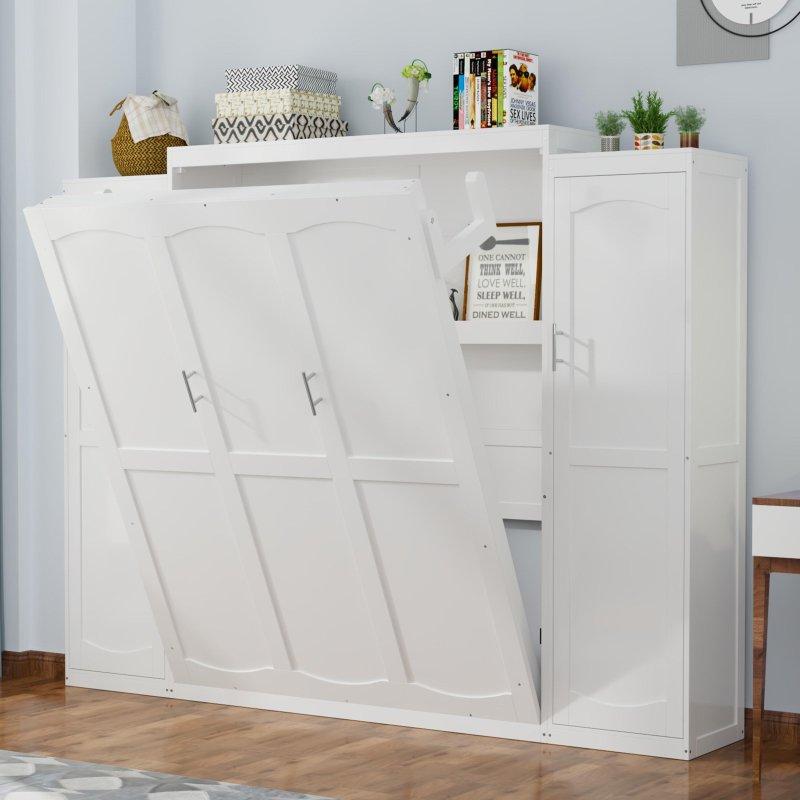 Beyaz Masif Ahşap Dolaplı ve Raflı Duvar Yatağı - 263506
