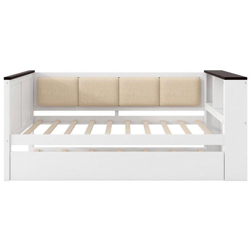 Beyaz Masif Ahşap Döşemeli Sırtlıklı Raflı ve Şarj İstasyonlu Yavru Yataklı Daybed Karyola - 329688
