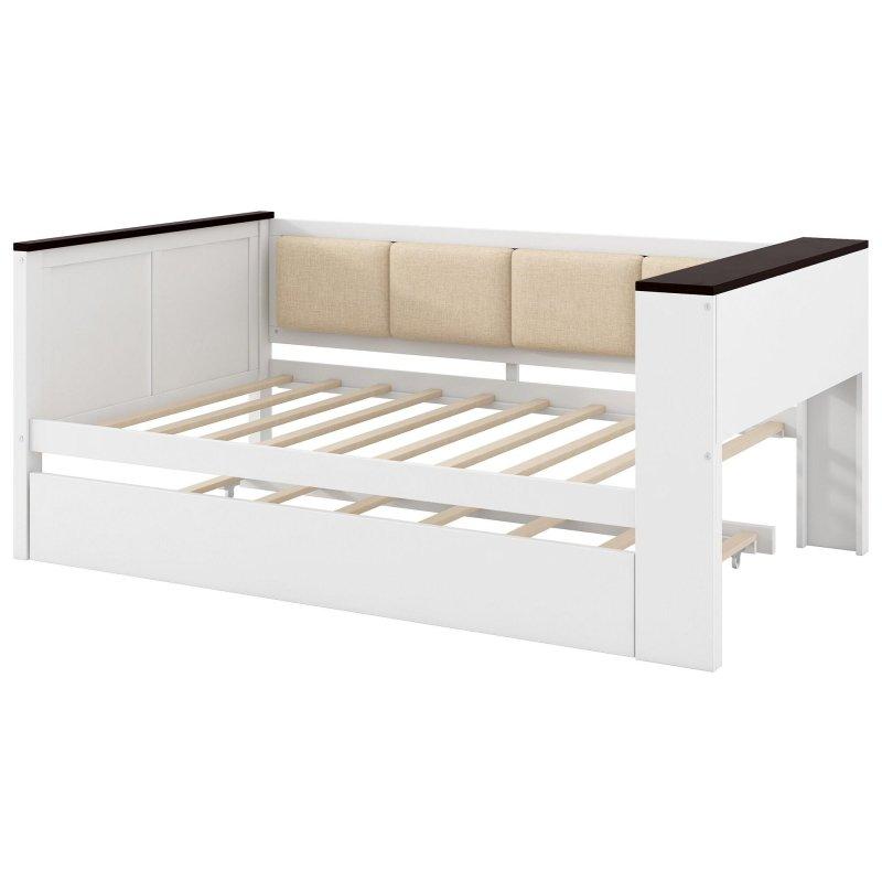 Beyaz Masif Ahşap Döşemeli Sırtlıklı Raflı ve Şarj İstasyonlu Yavru Yataklı Daybed Karyola - 329688