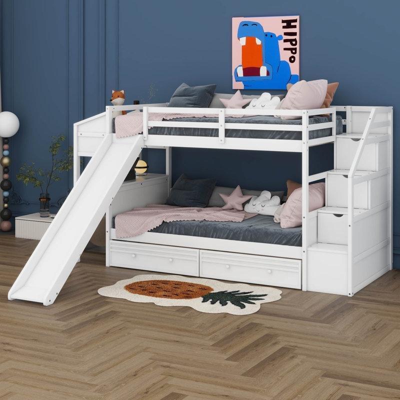 Beyaz Masif Ahşap Kaydıraklı Çalışma Masalı ve Çekmeceli Merdivenli Ranza - 246273