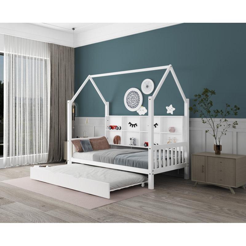 Beyaz Masif Ahşap Kitaplıklı ve Depolama Alanlı Yavru Yataklı Karyola - 329607
