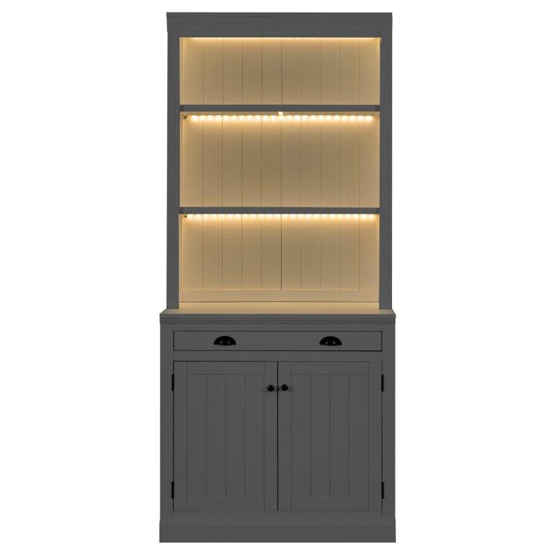 Beyaz Masif Ahşap LED Aydınlatmalı Çekmeceli ve Dolaplı Kitaplık - 91x57x212 cm - 312549