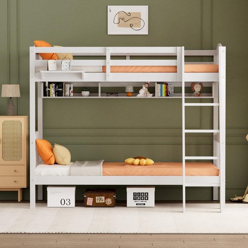 Beyaz Masif Ahşap LED Aydınlatmalı ve Şarj İstasyonlu 2 Raflı Ranza - 246336