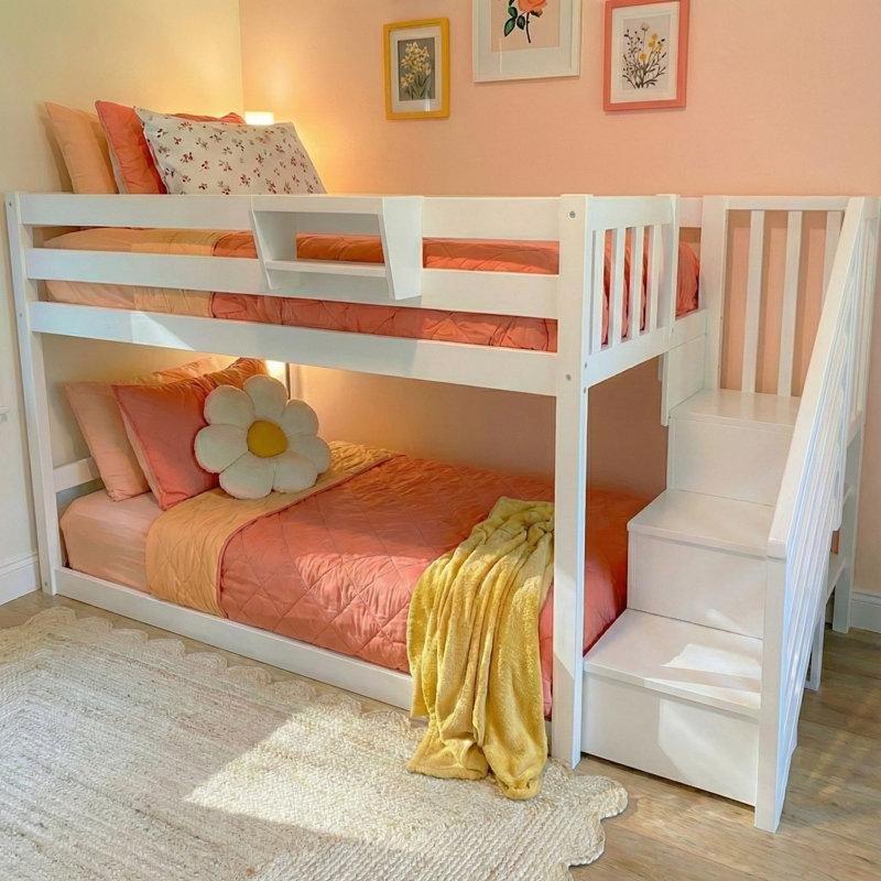 Beyaz Masif Ahşap Merdivenli ve Raflı Alçak Ranza - 248604