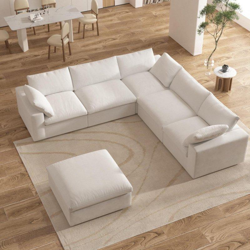 Beyaz Masif Ahşap Modüler Depolamalı Puflu Köşe Koltuk - 306x306 cm - 258738