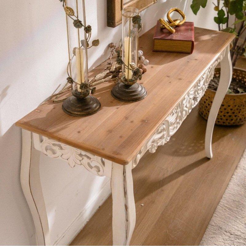 Beyaz Masif Ahşap Oymalı Eskitme Kavisli Bacaklı Dresuar - 111 cm - 332078