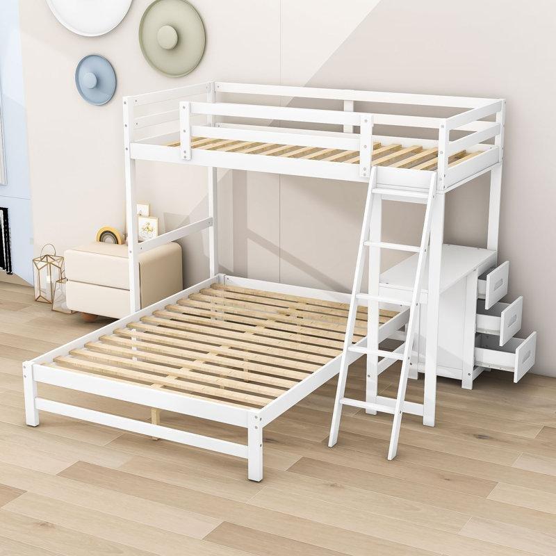 Beyaz Masif Ahşap ve MDF 3 Çekmeceli Çalışma Masalı Ayrılabilen Ranza - 248255