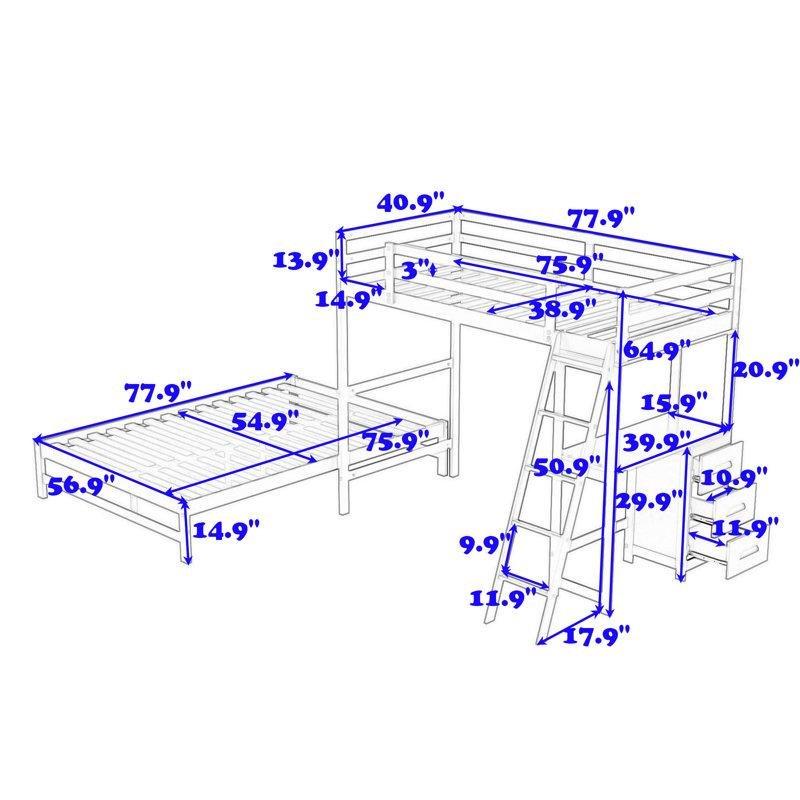 Beyaz Masif Ahşap ve MDF 3 Çekmeceli Çalışma Masalı Ayrılabilen Ranza - 248255