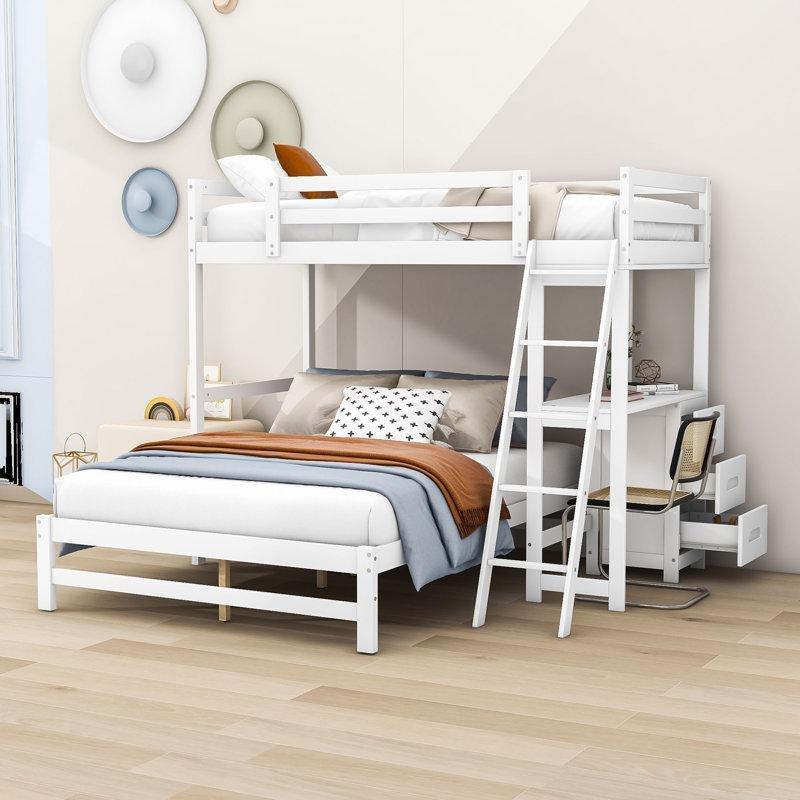 Beyaz Masif Ahşap ve MDF 3 Çekmeceli Çalışma Masalı Ayrılabilen Ranza - 248255