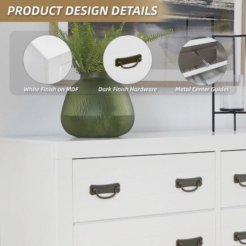 Beyaz Masif Ahşap ve MDF 6 Çekmeceli Şifonyer - 146x42x91 cm - 307888