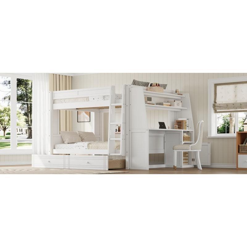 Beyaz Masif Ahşap ve MDF Çalışma Masalı Kitaplıklı Çekmeceli Ranza - 239x147 cm - 247116