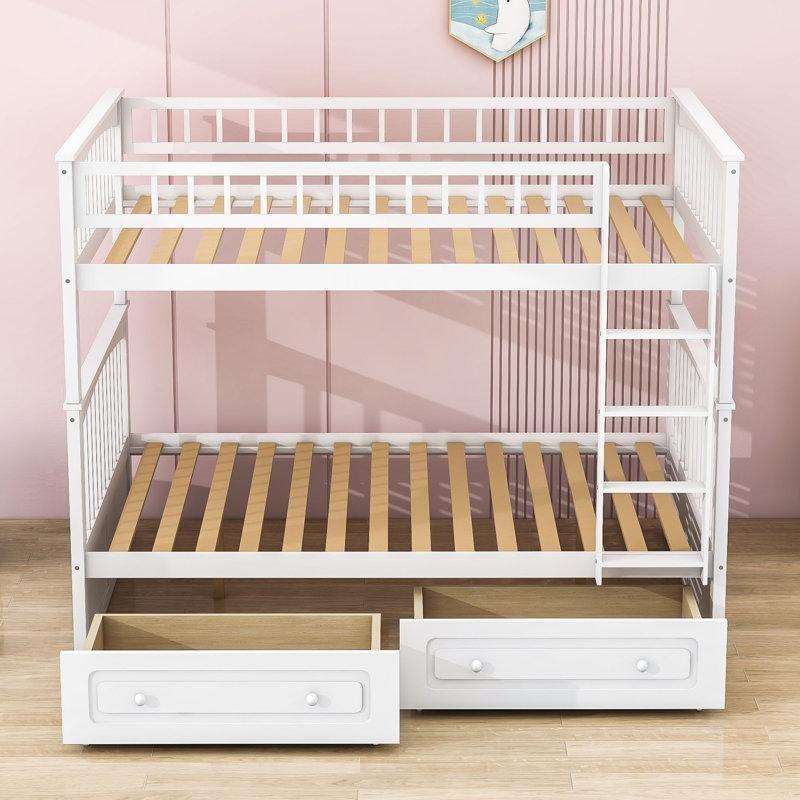 Beyaz Masif Ahşap ve MDF Çekmeceli Ayrılabilen Ranza - 150x201 cm - 247911