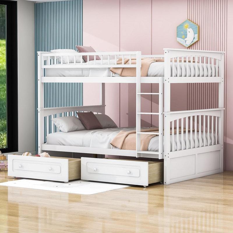 Beyaz Masif Ahşap ve MDF Çekmeceli Ayrılabilen Ranza - 150x201 cm - 247911