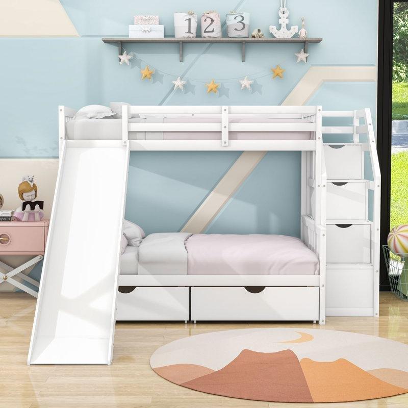 Beyaz Masif Ahşap ve MDF Çekmeceli Dolaplı Kaydıraklı Ranza - 147x246 cm - 246758